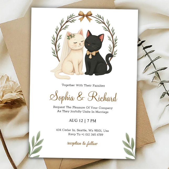 Wedding invitation card with a beige and black cat (Créateur téléchargé)