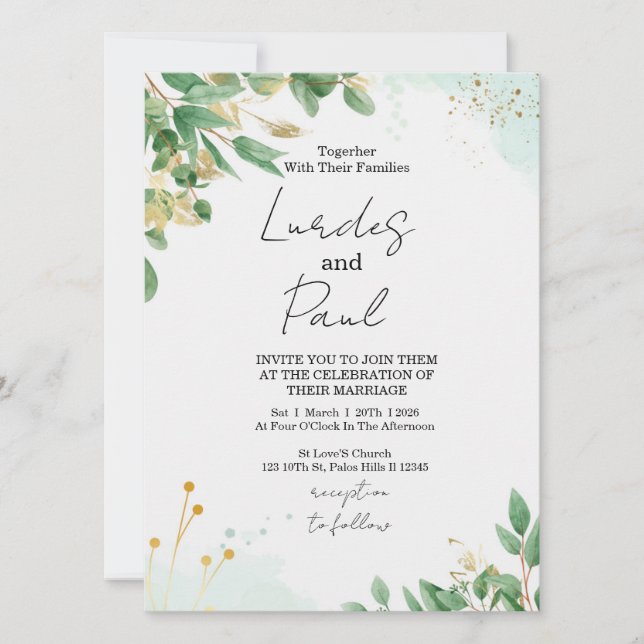  Wedding invitation  green flowers with gold (Devant)