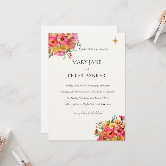 Wedding Invitation Watercolour floral rustic (Devant/Arrière en situation)