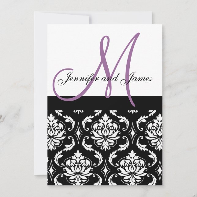 Wedding Invitations Purple Monogram Names Damask (Devant)