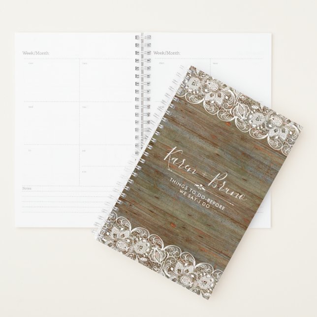 Wedding planner de dentelle rustique en bois blanc (Devant avec enveloppe)