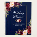 Wedding planner d'or bleu floral de Bourgogne<br><div class="desc">Elégant or bordeaux Marsala Aquarelle Floral et Wedding planner bleu</div>