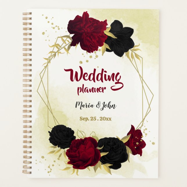 Wedding planner d'or noir et rouge fleurs (Devant)