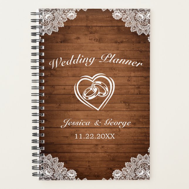 Wedding planner en bois rustique et dentelle blanc (Devant)