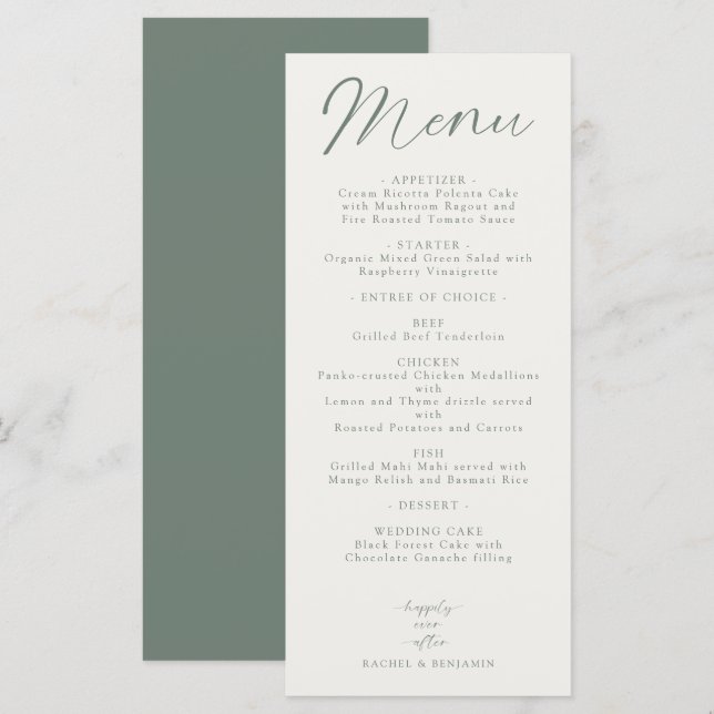 Wedding Reception Menu Elegant Script Sage Green (Devant / Derrière)