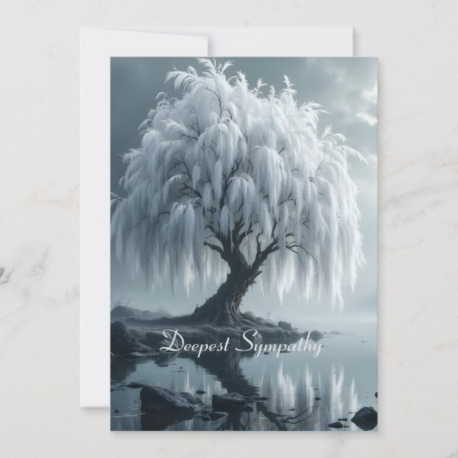 Weeping willow by a pond, black and white card (Devant)