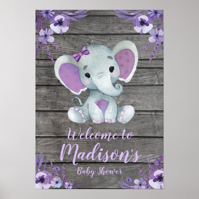 Welcome Sign Poster Elephant Rustic Purple Floral (Devant)