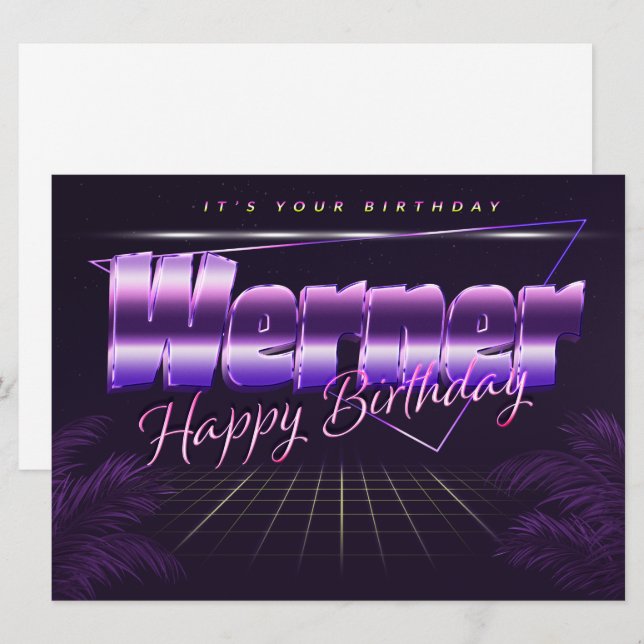 Werner Prénom lila retro Carte Anniversaire (Devant / Derrière)