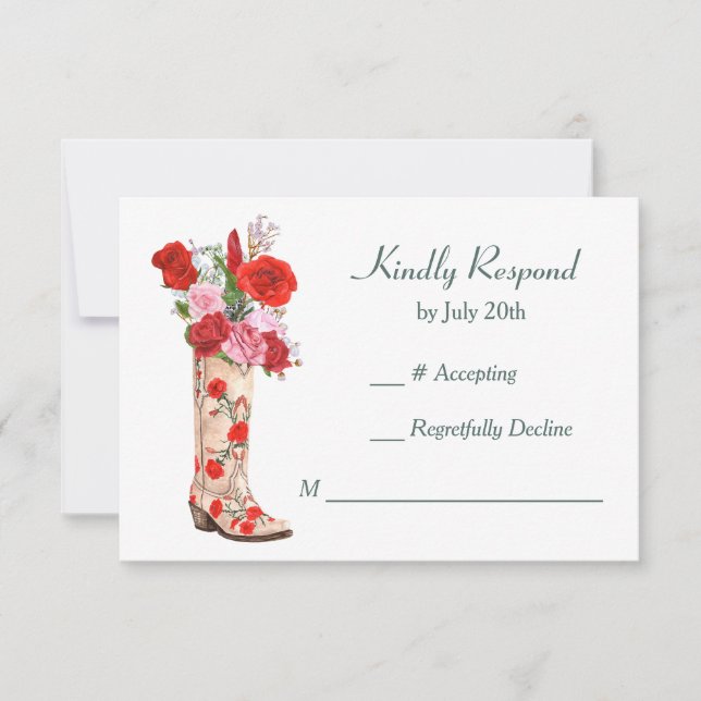 Western Boot Red Roses Wedding RSVP (Devant)