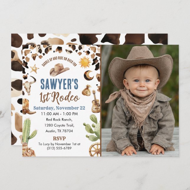 Western Cowboy “1st Rodeo” Birthday Invitation (Devant / Derrière)