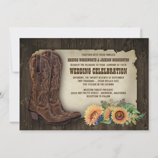 Western Cowboy Boots Sunflower Mariage Invitations (Devant)