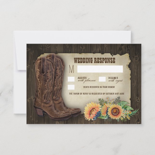 Western Cowboy Boots Sunflower Wedding Cartes RSVP (Devant)