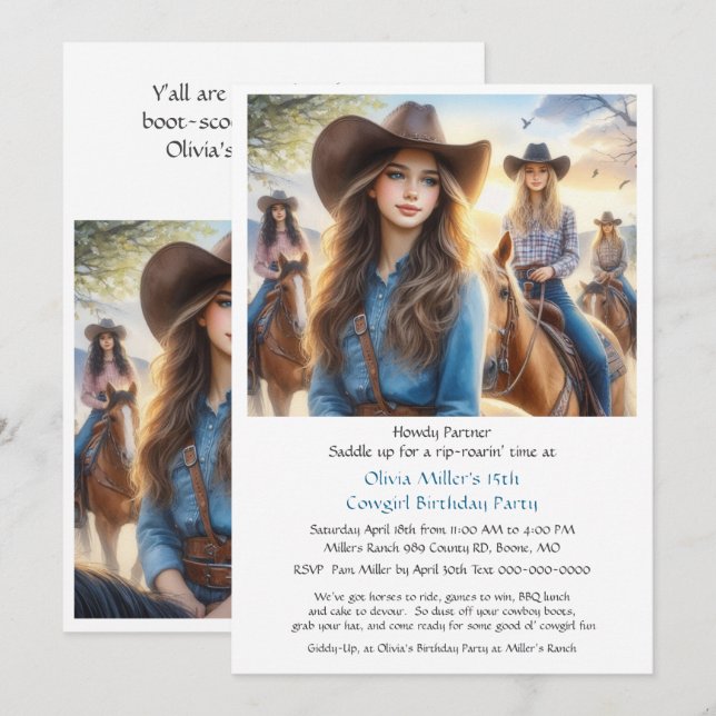 Western Cowgirl 15th Birthday Party Invitation (Devant / Derrière)