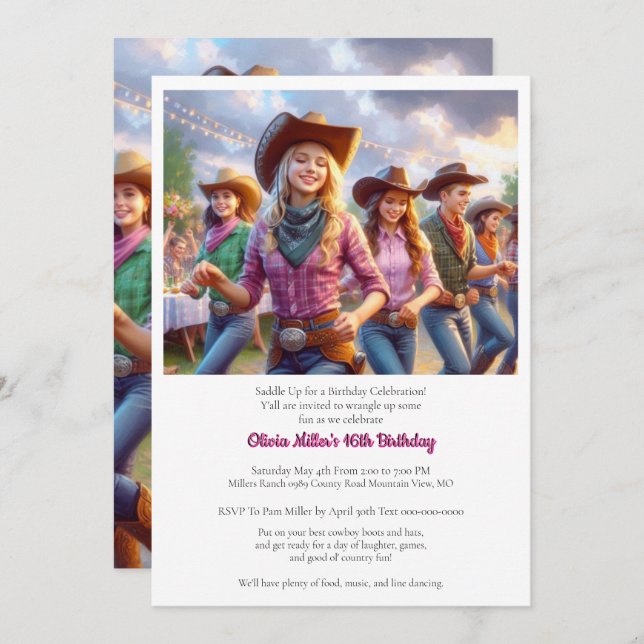 Western Cowgirl 16th Birthday Party Invitation (Devant / Derrière)