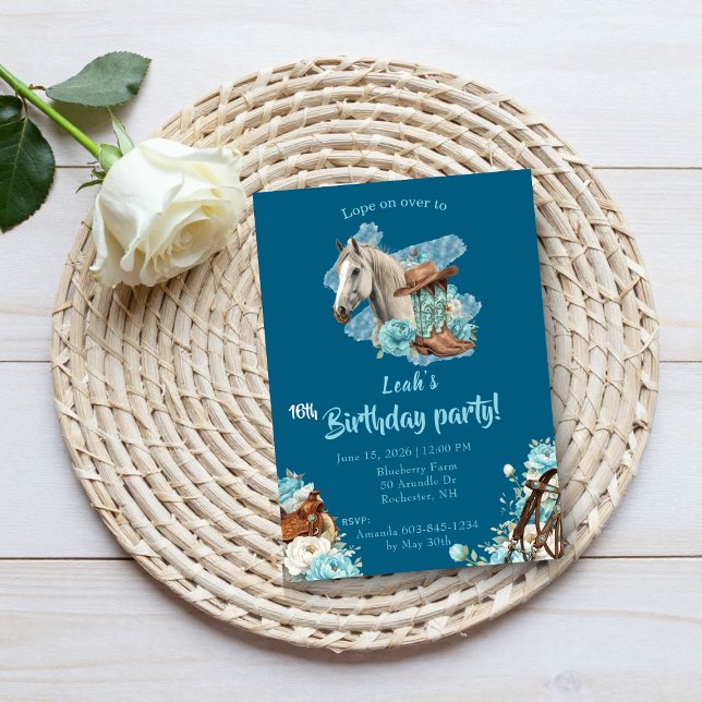 Western Horse Floral Birthday Invitation – Navy (Créateur téléchargé)