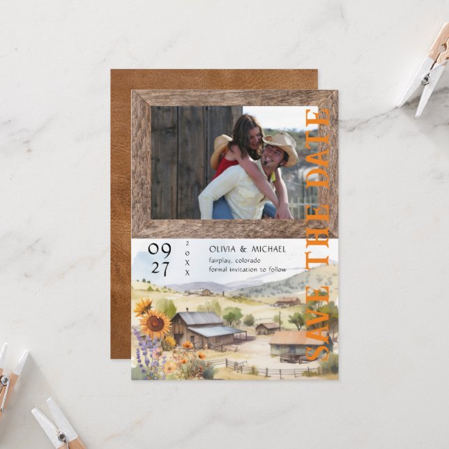 Western Ranch Mariage Photo Enregistrer la date (Devant/Arrière en situation)