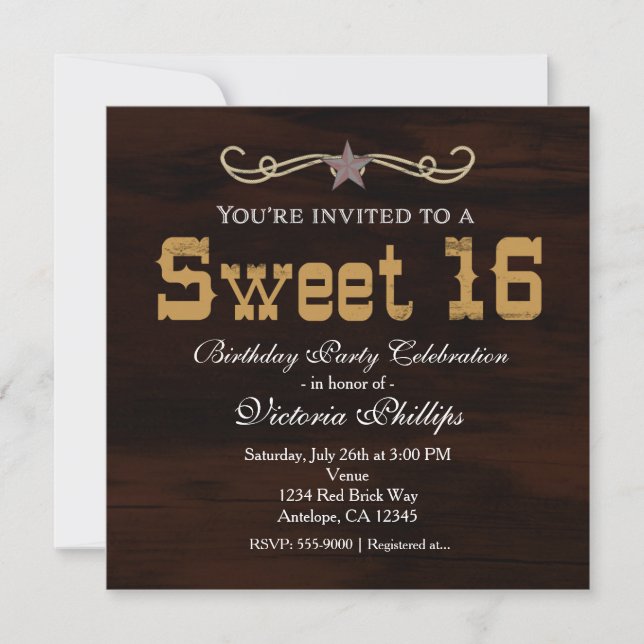 Western Star Pays SWEET 16 Invitations d'anniversa (Devant)