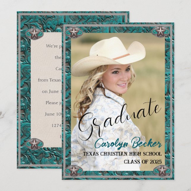 Western Style Cowgirl Photo Graduation Invitation (Devant / Derrière)