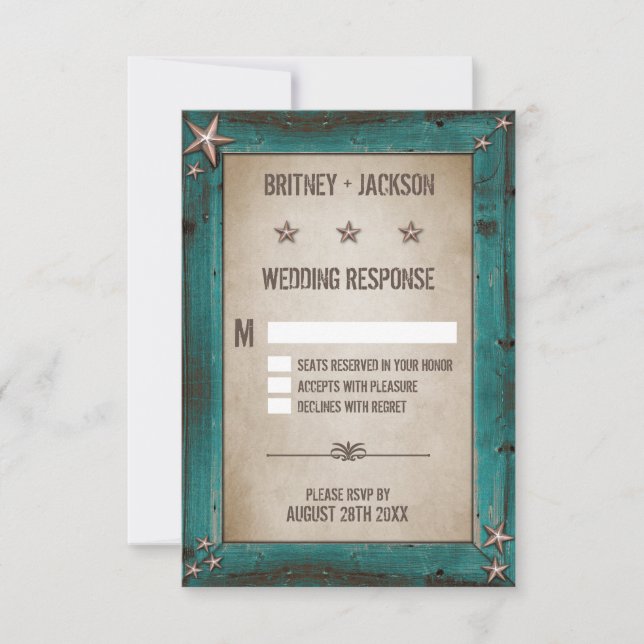 Western Turquoise Grange Bois Mariage Cartes RSVP (Devant)