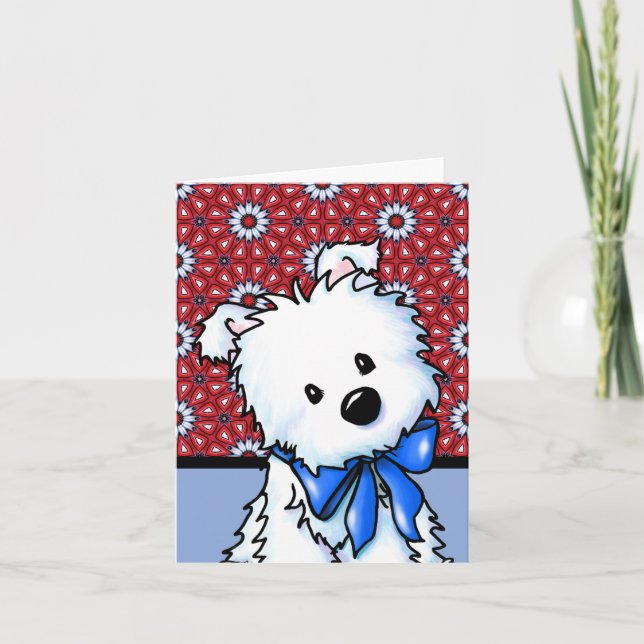 Westie blanche sur carte rouge et bleue (Devant)