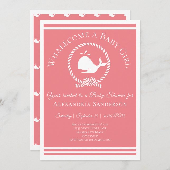 Whalecome a Baby girl Nautical Shower Invitation (Devant / Derrière)