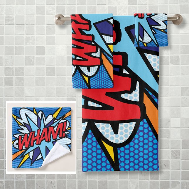 WHAM Bande dessinée rétro Fun Pop Art (WHAM Fun Retro Comic Book Pop Art Bath Towel Set)