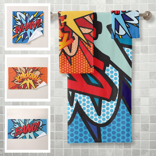 WHAM BANG KAPOW Amusant Art Populaire de Bande Des (WHAM BANG KAPOW Fun Retro Comic Book Pop Art Bath Towel Set)