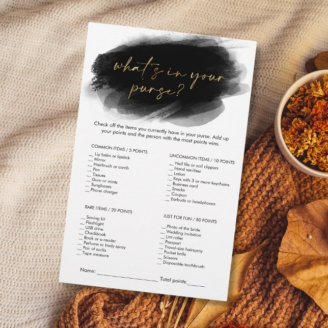 Whats d'or moderne dans votre sac à Fête des marié (modern minimalist black and gold "WHAT's in your purse" bridal shower game)