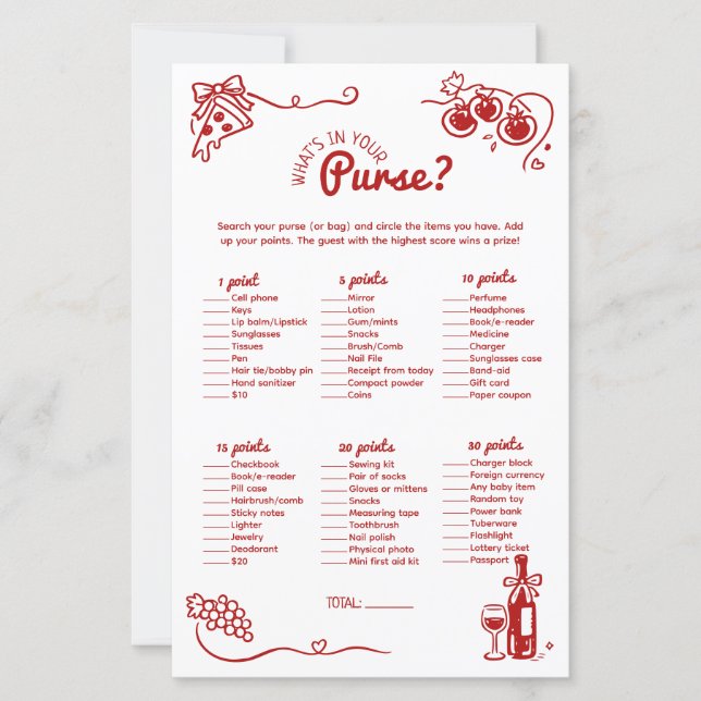 Whats In Your Purse Italian Bridal Party Game Card (Devant)