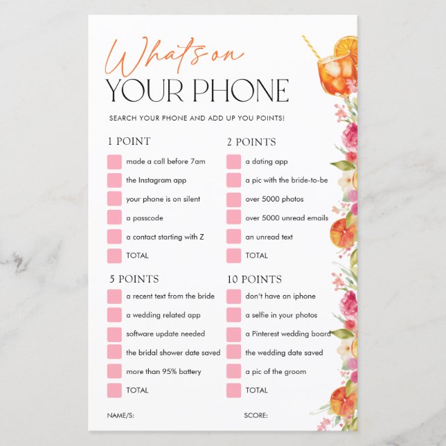 Whats On Your Phone Bridal Shower Game Spritz (Devant)