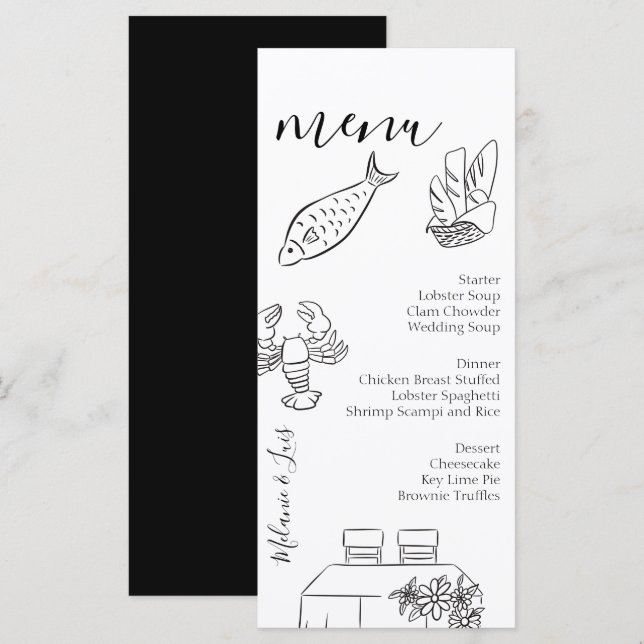 Whimiscal Doodle Black White Heart Wedding Menu  (Devant / Derrière)