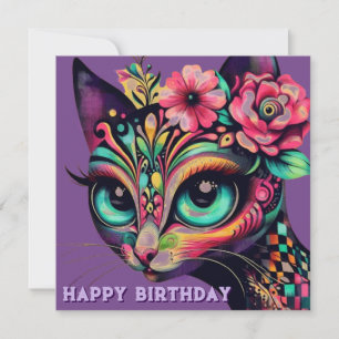 Whimsical Big Eye Retro Diva Cat carte d'anniversa