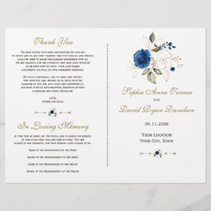 Whimsical Blue Gold Flowers Programme de mariage