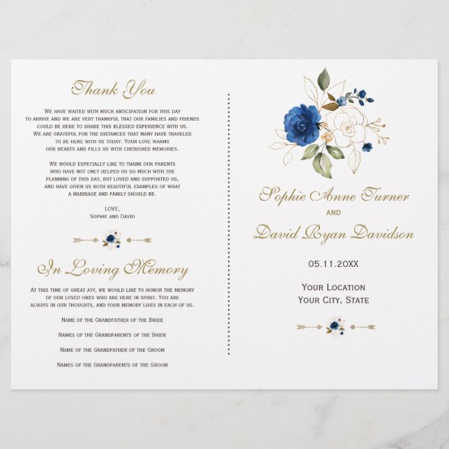 Whimsical Blue Gold Flowers Programme de mariage (Devant)