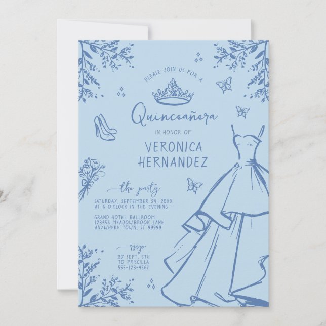 Whimsical Blue Scribble Quinceanera Invitation (Devant)