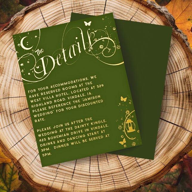 Whimsical Boho Green Gold Foil Mariage carte détai (Whimsical Green and Gold Boho Fairycore Wedding Details Card with Calligraphy Script and Gold Foil)