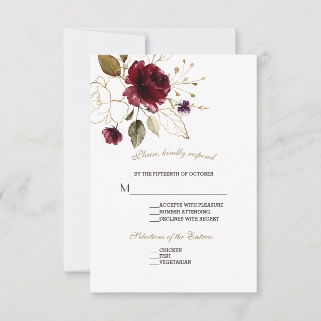Whimsical Bourgogne Gold Flowers Mariage RSVP (Devant)