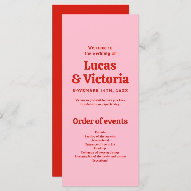 Whimsical Bright Red and Pink Wedding Programme (Devant / Derrière)