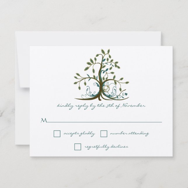 Whimsical Brown Turquoise Green Tree Mariage RSVP (Devant)