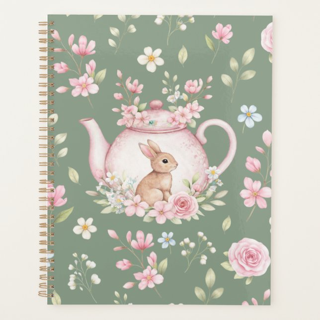 Whimsical Bunny Teapot Floral Spring Notebook (Devant)