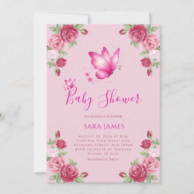 Whimsical Butterfly & Rose Baby Shower Invitation (Devant)