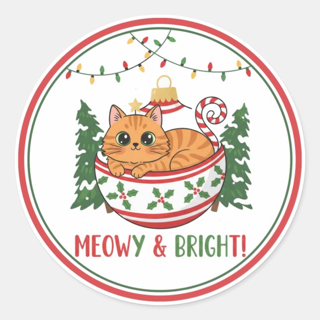 Whimsical Christmas Cat Ornament Sticker (Devant)