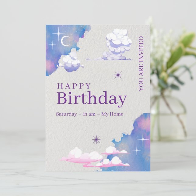Whimsical Cloud & Galaxy Invitation d'anniversaire (Debout devant)