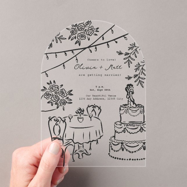 Whimsical Cocktail Hand Drawn Wedding Invitation (In situ (ordinateur de poche))