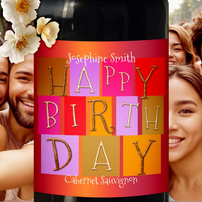 Whimsical Coloré Anniversaire Vin Étiquette (A vibrant and celebratory birthday wine label featuring playful retro-style "Happy Birthday" letters)