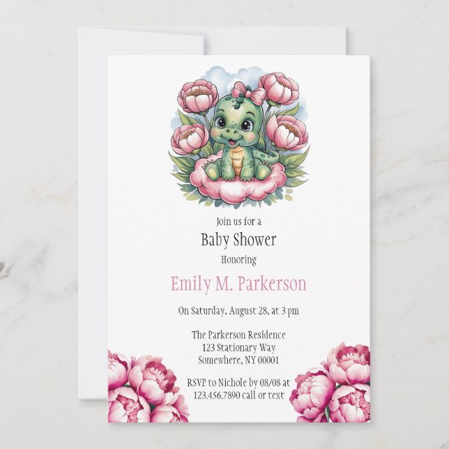 Whimsical Dino Delight Girl Baby shower Invitation (Devant)
