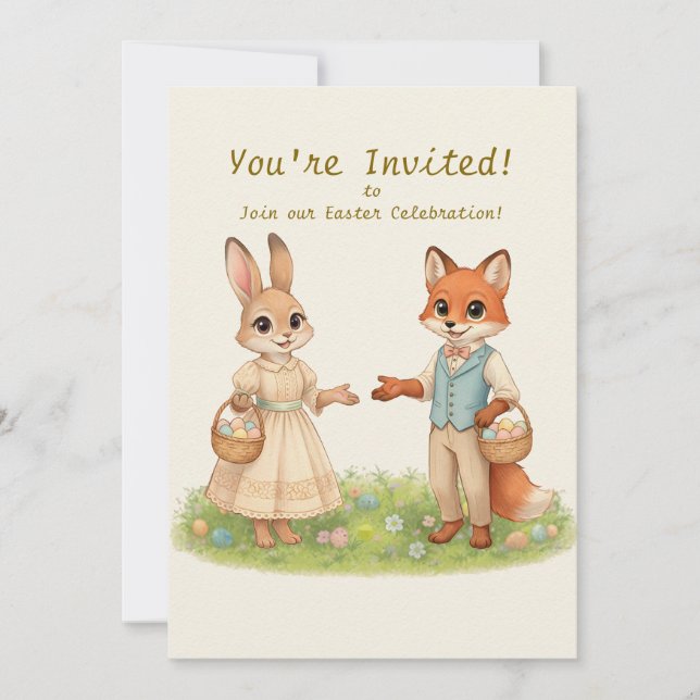 Whimsical Easter Bunny & Fox Party Invitation (Devant)