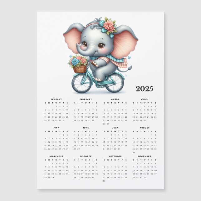 Whimsical Elephant on a Bike 2025 Magnet Calendar (Devant)