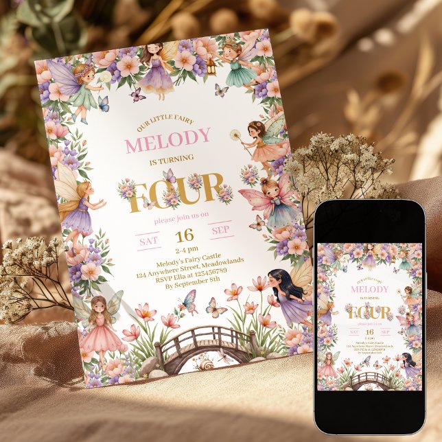 Whimsical Fairy flower 4th birthday Invitation (Créateur téléchargé)