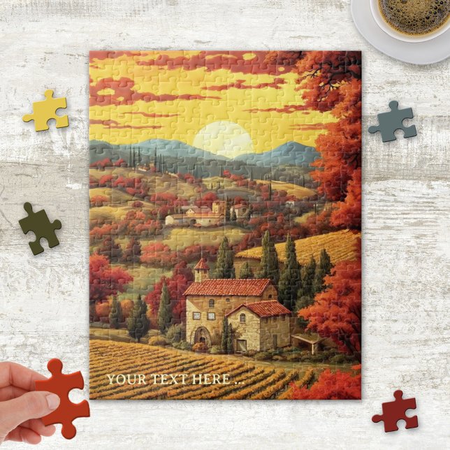 Whimsical Fine Art Toscane Italie Puzzle (Puzzle featuring a whimsical fine art painting of Tuscany, Italy at sunset)
